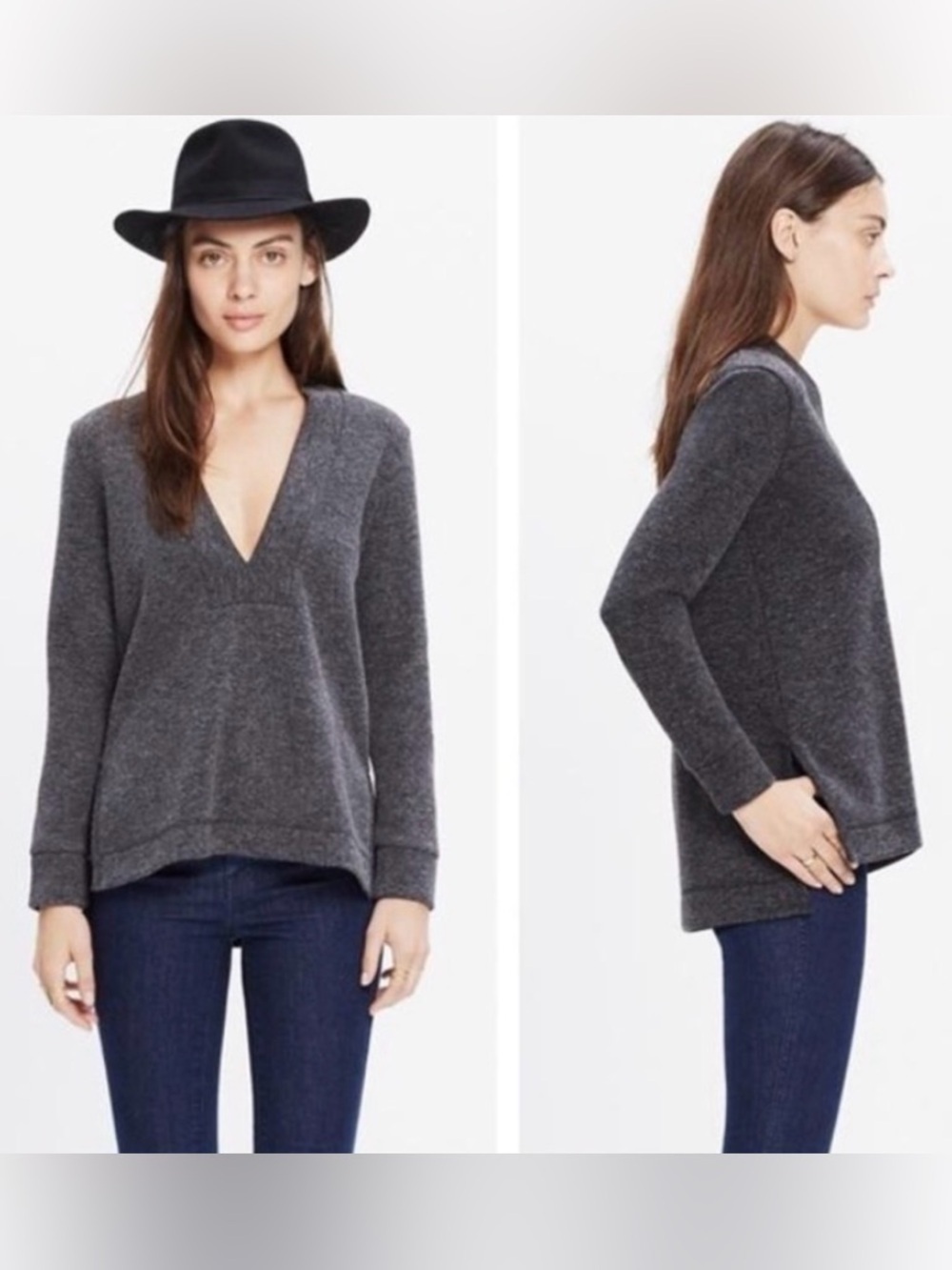 Madewell Gray Deep V Neck Pullover Sweater Tunic Hi Low Hem Size S
